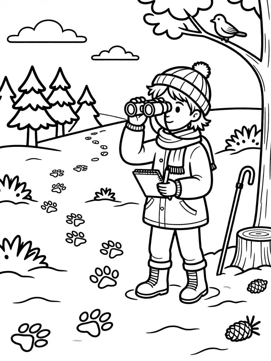 An animal tracker follows paw prints through snow with binoculars and a notebook.