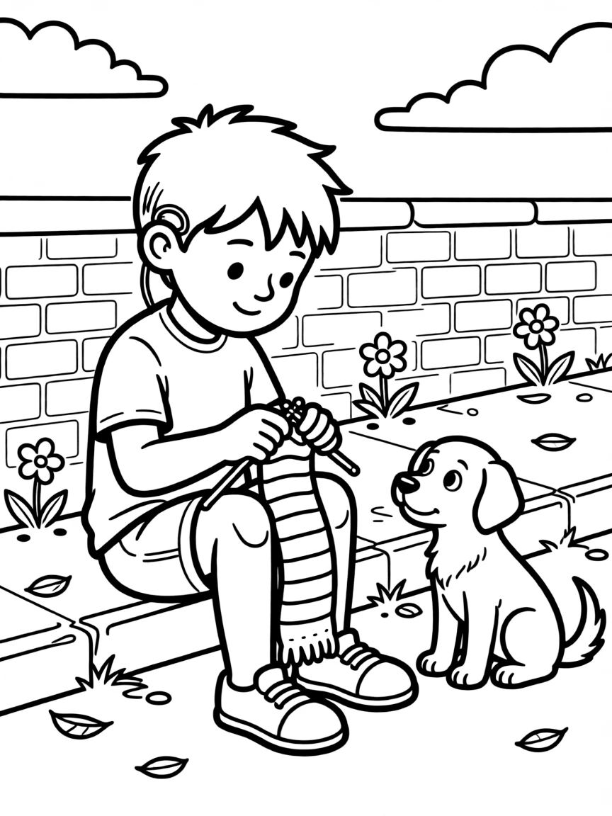 A boy with a hearing aid knitting a scarf alone on the sidewalk, deeply focused, as a curious puppy watches.