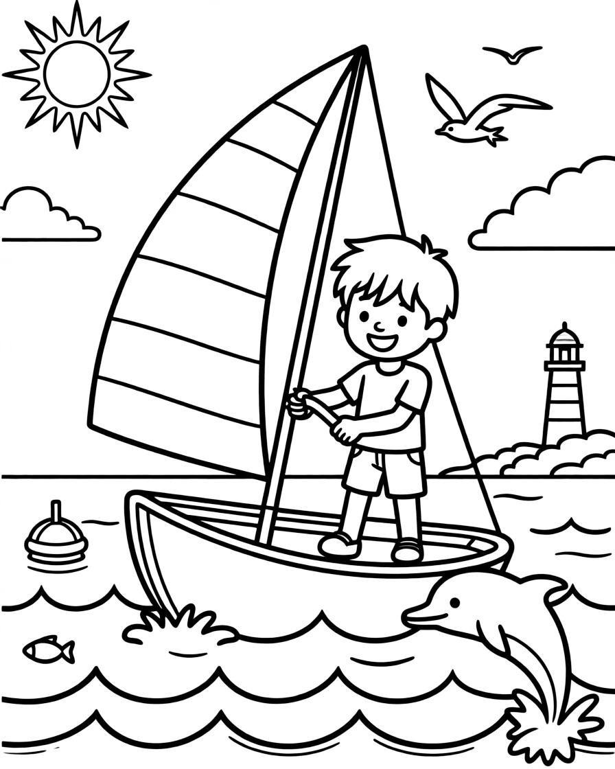 A cheerful young boy, steering a small sailboat as the wind fills its bright striped sail.