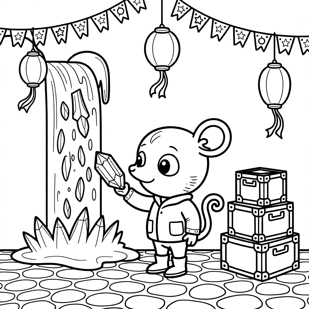 In a festival square decorated with banners and floating lanterns, Squeak, a curious alien creature with a curly tail collecting rainbow-colored ice crystals from a frozen waterfall, while a stack of colorful supply crates adds to the excitement.