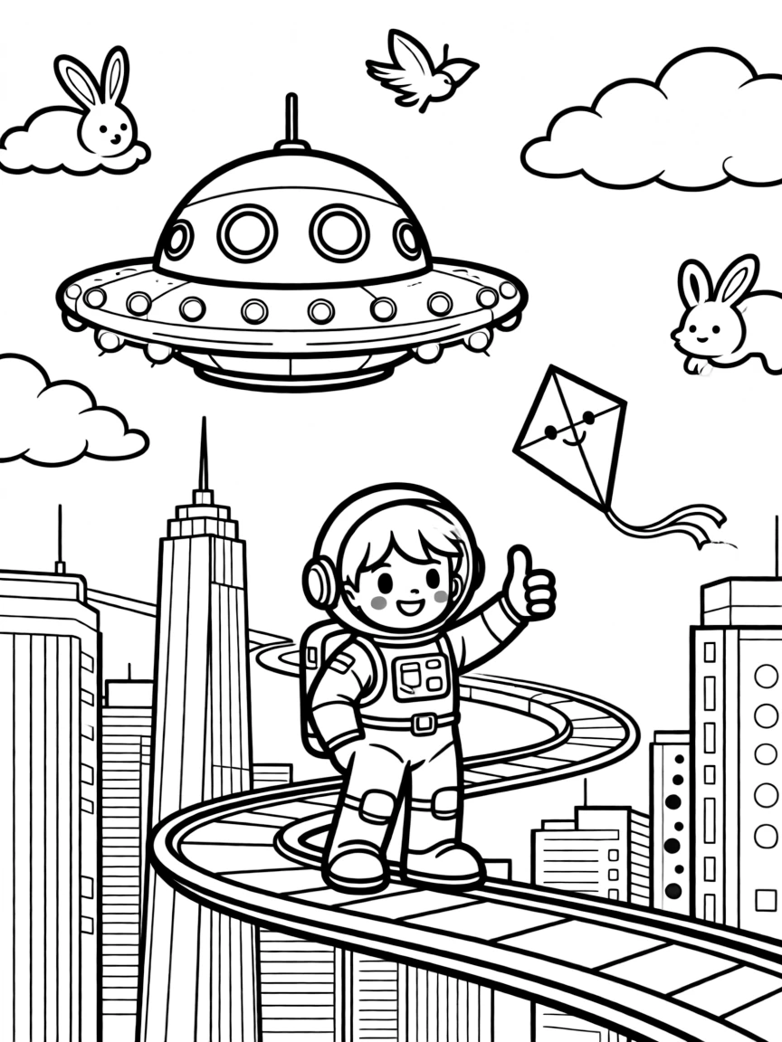 A coloring page featuring a friendly saucer-shaped alien spaceship with glowing lights, traveling through a gleaming futuristic city skyline with towers and skywalks, with a grinning astronaut giving a thumbs up and a kite dancing in the breeze above and fluffy clouds shaped like animals drifting overhead filling the scene.