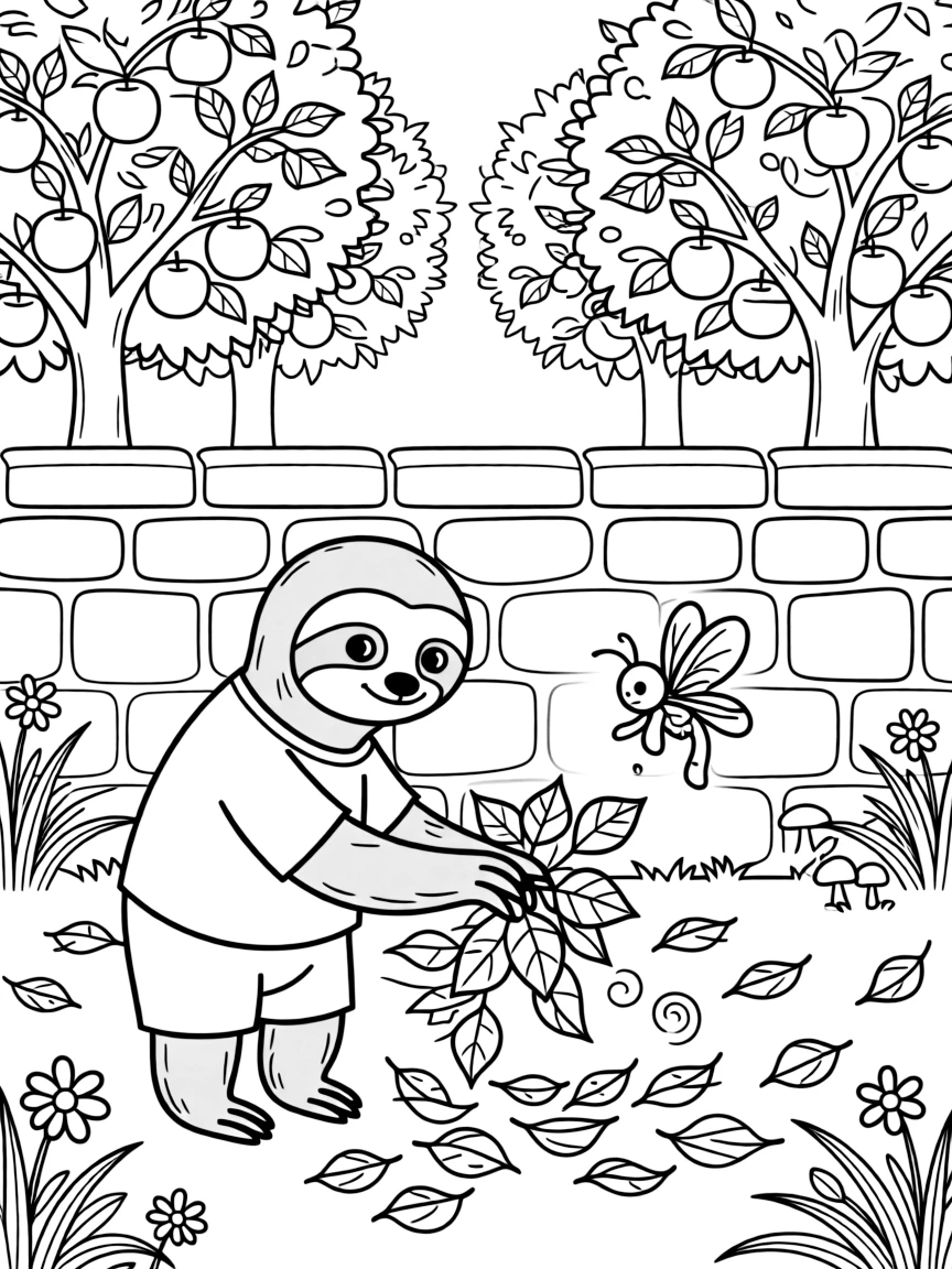 A firefly helping gather fallen leaves with a sloth in a secret garden behind a stone wall, near a apple orchard, as autumn leaves swirl in the wind.