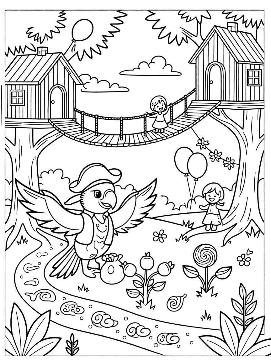 Inside a treehouse village connected by rope bridges, a mischievous parrot pirate first mate discovers the joy of planting seeds that grow into candy trees, while a trail of glowing footprints watches happily nearby. Warm smiles and happy cheers fill the scene.