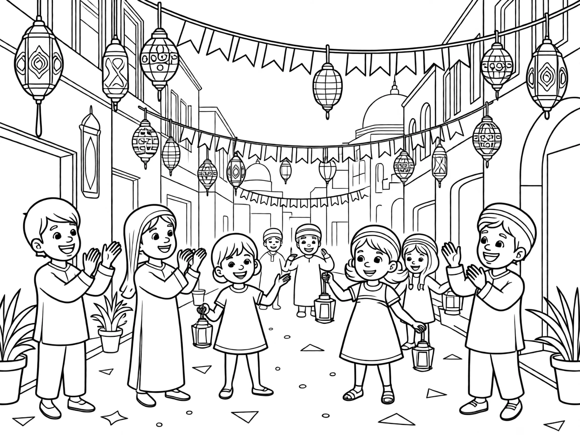A coloring page showing a lively celebration in Egypt with a festive Eid celebration with lanterns (fanous) glowing along a street, while families clap and cheer and colorful banners hang overhead.