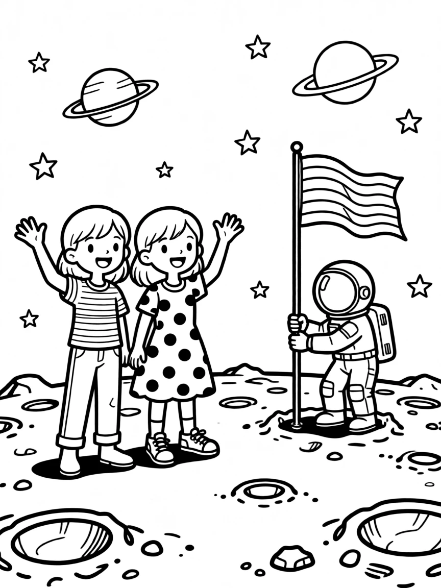 adventurous twin sisters wave to an astronaut friend planting a flag on a cratered moon surface.
