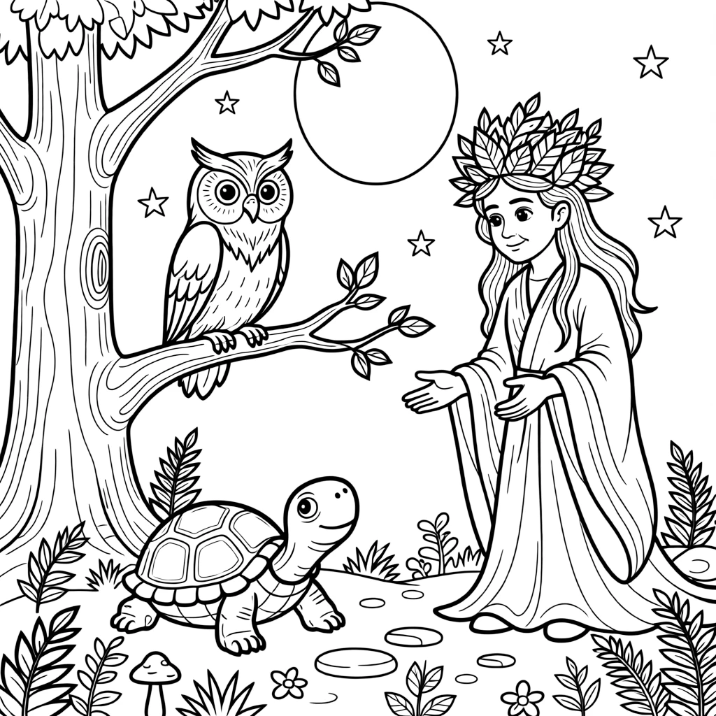 A gathering of woodland elders, an old owl, a wise turtle, and an ancient tree spirit, meet beneath a full moon to share stories.