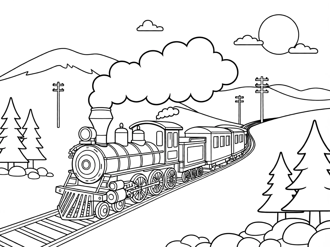 [Trains] a classic steam locomotive chugging along a mountain track through a snowy mountain pass. In the background, puffy white steam trails behind the engine, adding extra fun to explore. Telephone poles line the tracks in the distance. It all happens under a full moon, under clear blue skies.