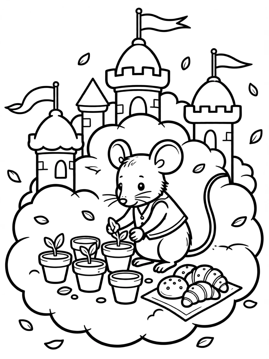 A field mouse in a tiny vest is planting seeds carefully in little clay pots inside a cloud kingdom with fluffy castle towers. Nearby, scattered flower petals drifting in the breeze and a stack of freshly baked pastries give the moment a cozy feel.