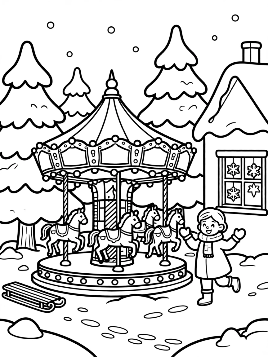 A carousel glowing with lights in a snowy square on a snow-covered village square, with a cheerful grandmother playing close by amid a snow-covered pine tree and paper snowflakes hanging in a window.