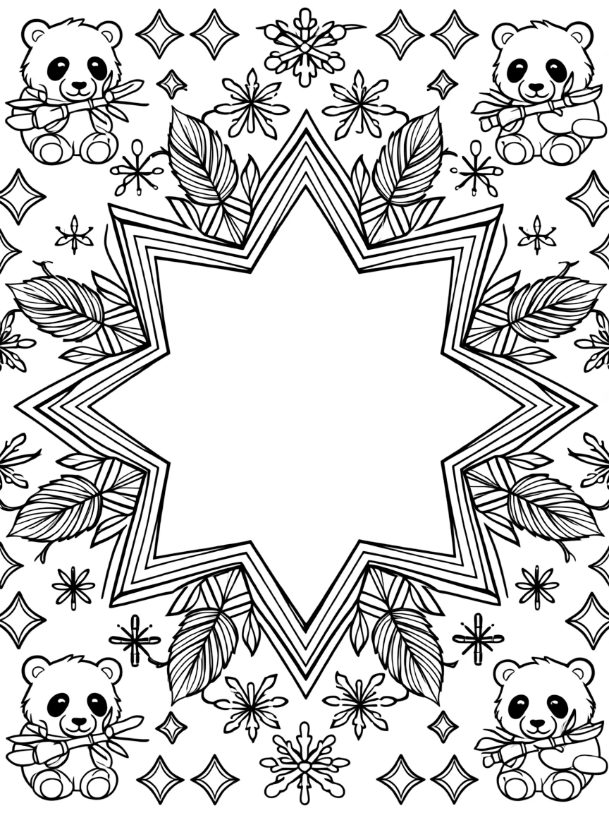 Zoo & Safari Animals: The page centers on a repeating motif of a panda munching a stalk of bamboo, built around an eight-point star mandala framing the design. The motif is repeated in a corner-to-corner border that circles the entire page, leaving a round open area in the middle. Decorative details fill the surrounding space, including nested triangle shapes, fanned feather plumes, and six-point snowflake shapes woven throughout the background. A playful extra touch completes the page: a few sparkling gem shapes dotted along the outer border.