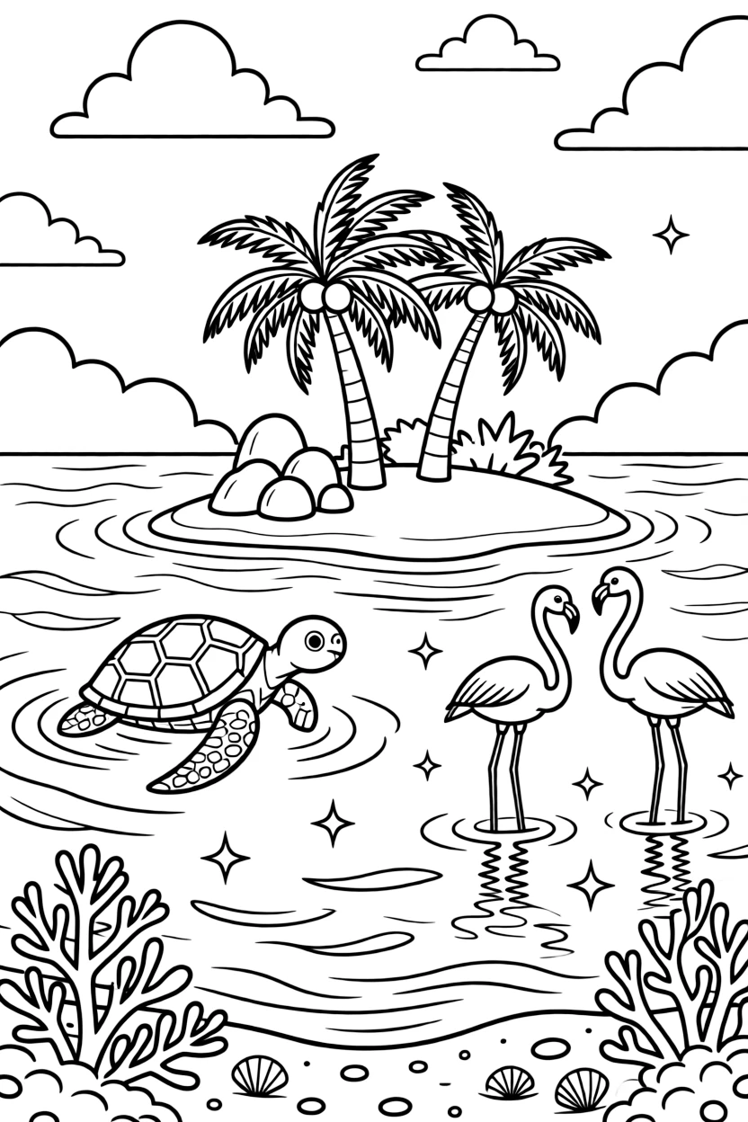 [Tropical Islands] A sea turtle swims lazily near a small island ringed with coral and clear blue water. A pair of flamingos wades in a shallow lagoon near the edge of the island. Coral formations rise beneath the clear water near a cluster of smooth volcanic rocks. Bright sunshine sparkles across the turquoise water beneath a sky full of fluffy clouds.