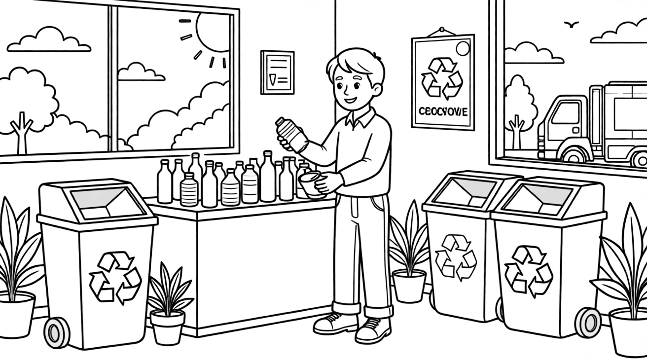 A recycling worker sorts bottles and cans at a bright community recycling center.
