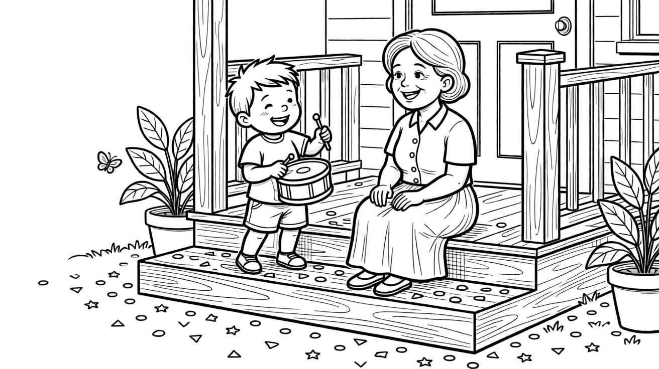 A wobbly toddler banging on a toy drum with a grandmother on the front porch steps with confetti scattered on the ground.