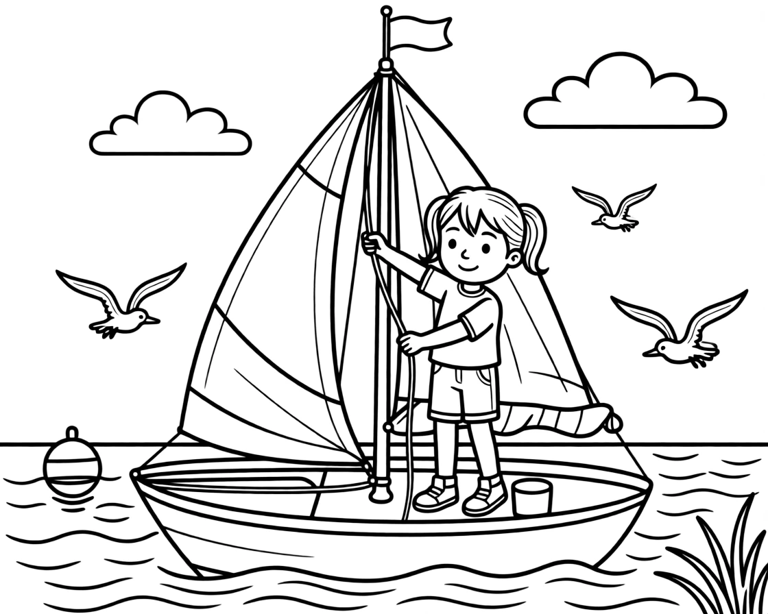 A determined girl with pigtails, adjusting the sail's rope to catch more wind on a breezy afternoon.