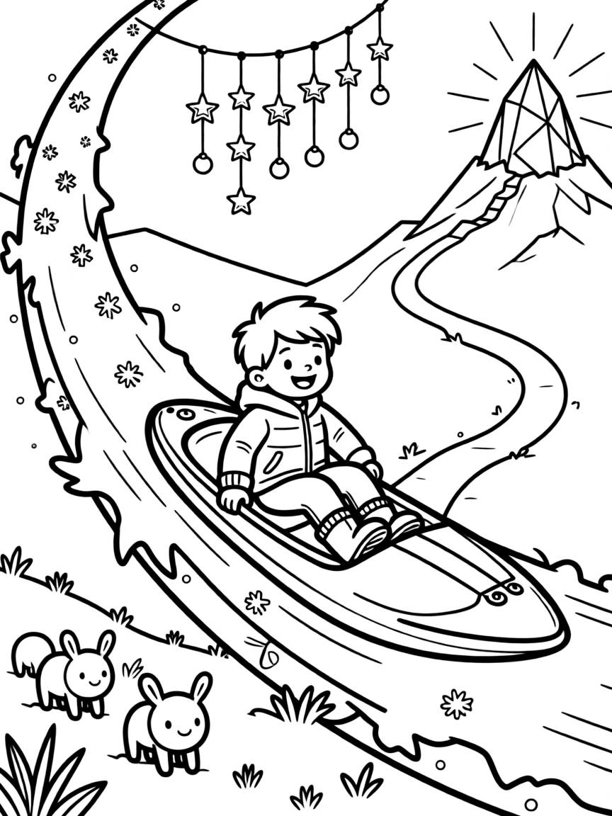 Pilot Dash zooming along on a sky-skiff sledding down a comet's icy tail near a mountain trail winding up to a glowing crystal peak, surrounded by a wind chime made of tiny metal stars and a herd of gentle six-legged alien creatures grazing nearby.