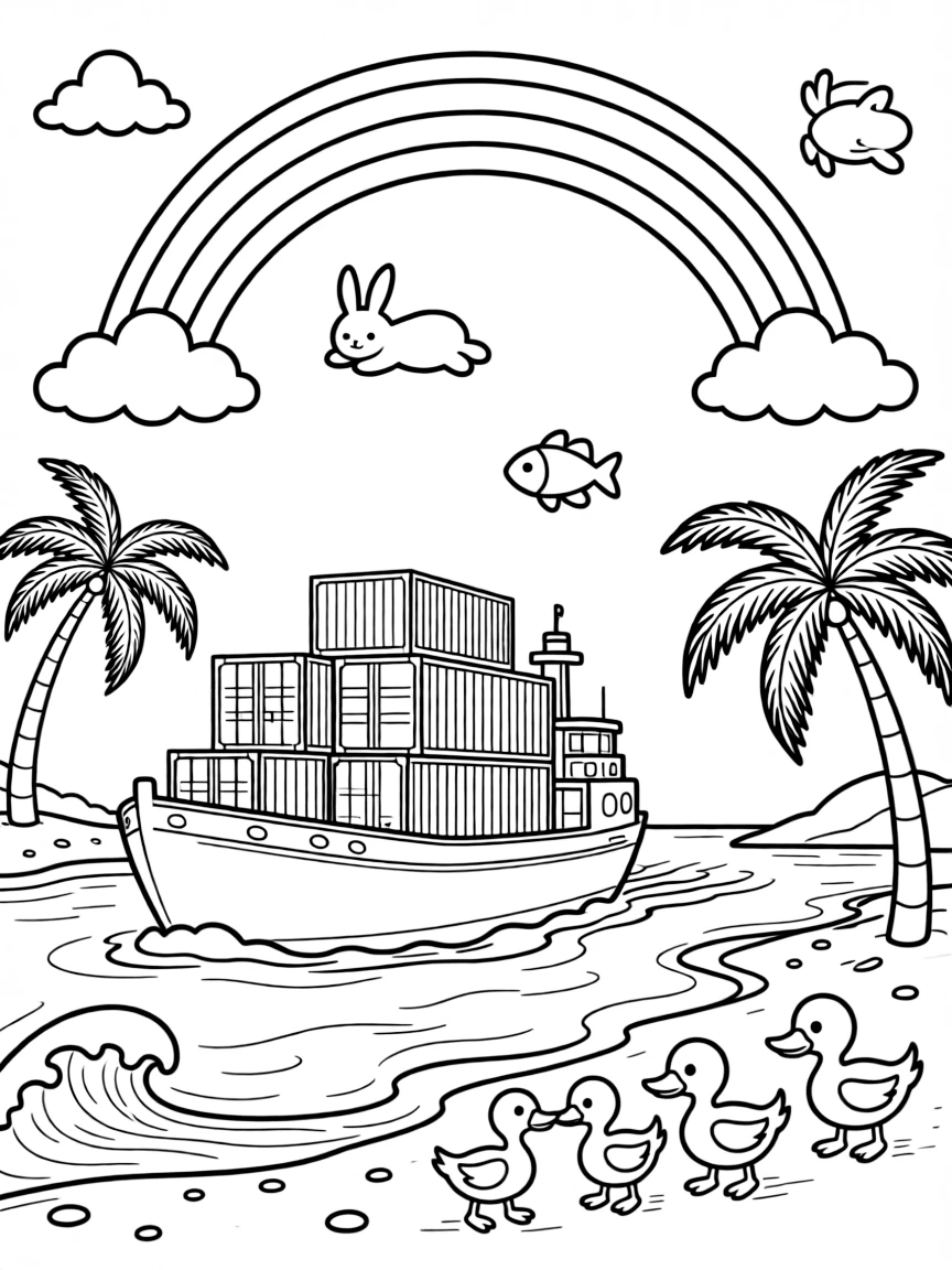 In this scene, a stacked cargo container ship gliding into harbor is the star of a hidden pirate cove with a sandy beach and palm trees, joined by a family of ducks waddling alongside, with a rainbow arching across the sky and fluffy clouds shaped like animals drifting overhead scattered throughout for kids to color.