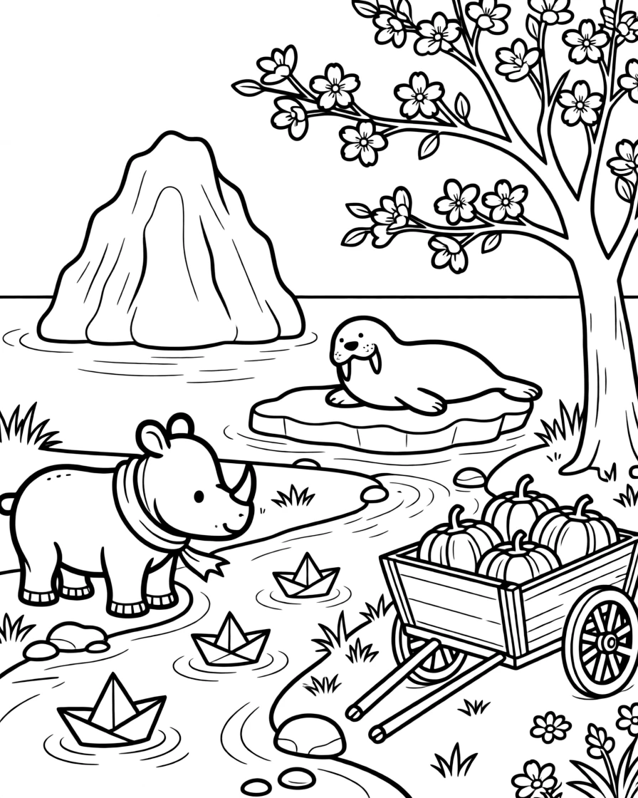 A rhino calf floating paper boats down a stream with a walrus on an iceberg in the arctic sea, near a blooming cherry blossom tree, with a wagon full of freshly picked pumpkins.