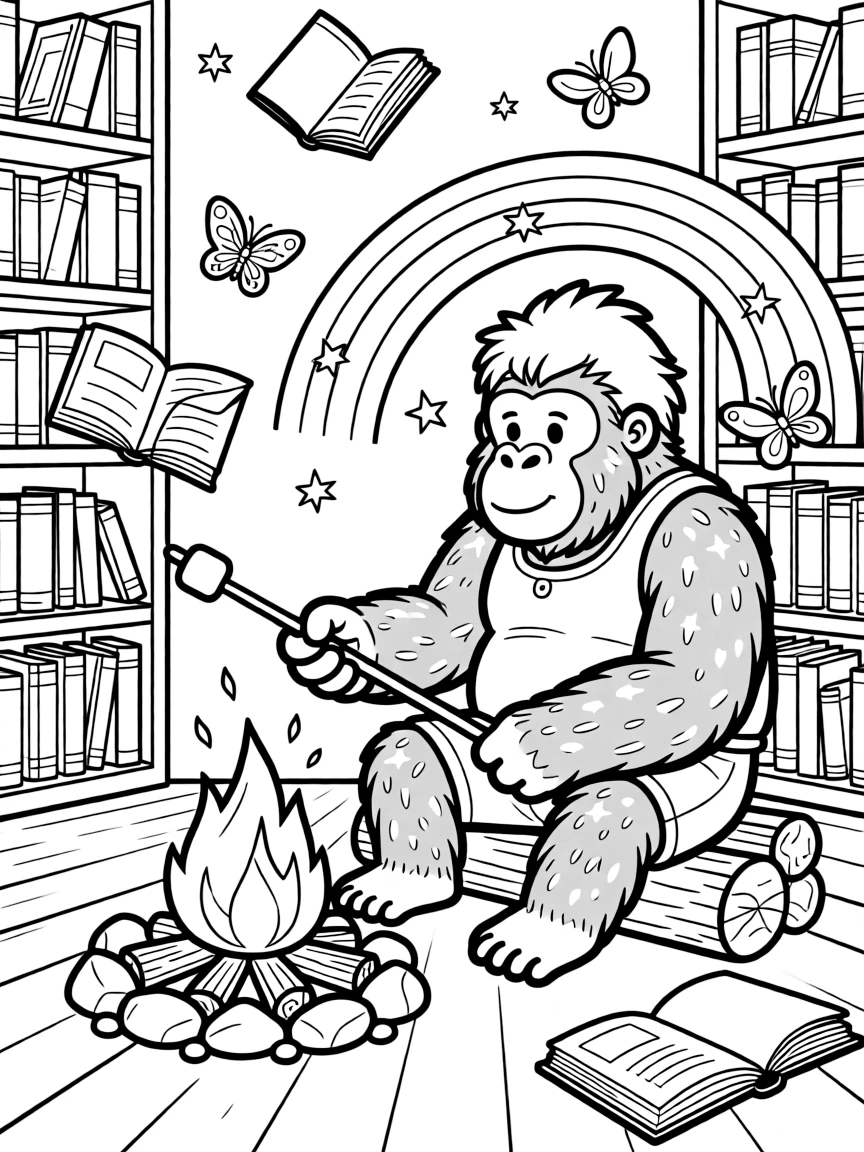 A sparkly gorilla gentle giant takes a break from adventures to try roasting marshmallows over a crackling campfire in a magical library where the books float and flutter, with a rainbow of butterflies fluttering by close behind. Little cheers of excitement fill the air.