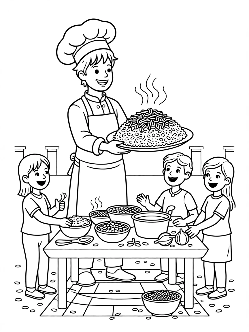 A coloring page of a happy cook in Egypt presenting a plate of koshari with rice, lentils, and crispy onions, with steam rising and cheerful helpers gathered around the table.