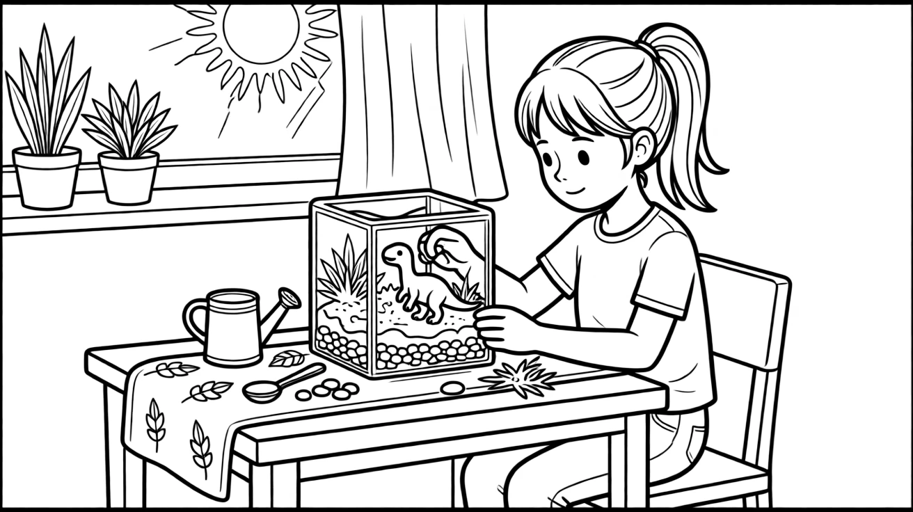 a proud young girl builds a small terrarium with moss, pebbles, and a tiny toy dinosaur.