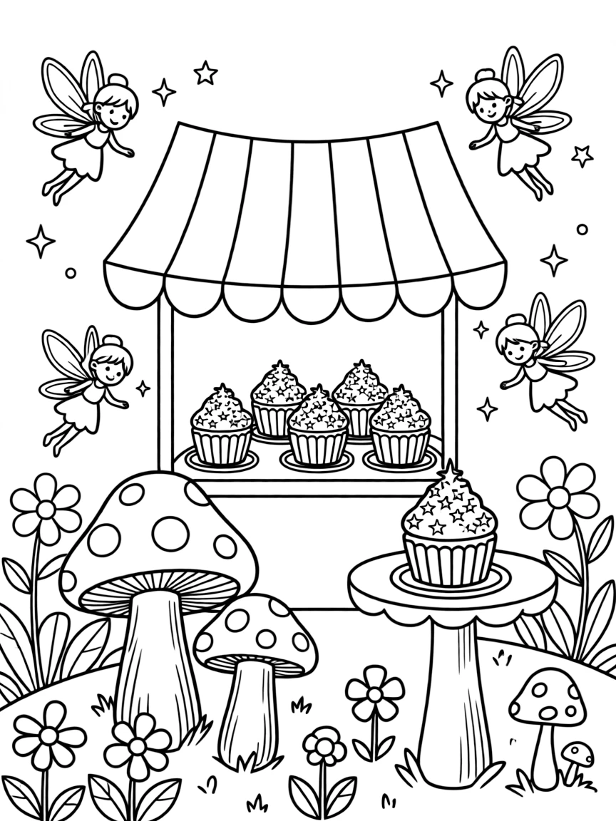 A fairy bakery sells tiny cupcakes topped with edible glitter, displayed on toadstool tables beneath a striped awning.
