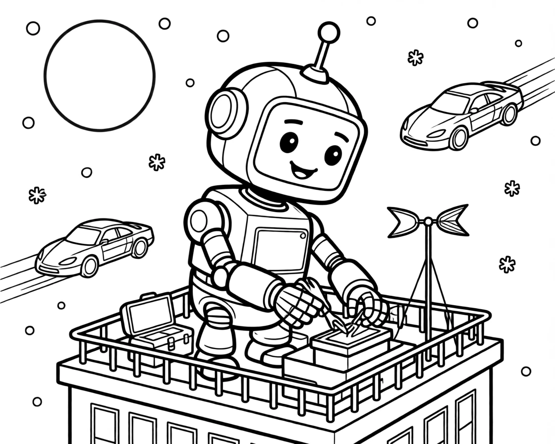 [Robots] a tall walking robot helper fixing a gadget with tiny tools atop a skyscraper rooftop. In the background, flying cars zoom past in the background, adding extra fun to explore. Antennae stick up from the top of its head. It all happens under a full moon, with snow gently falling.