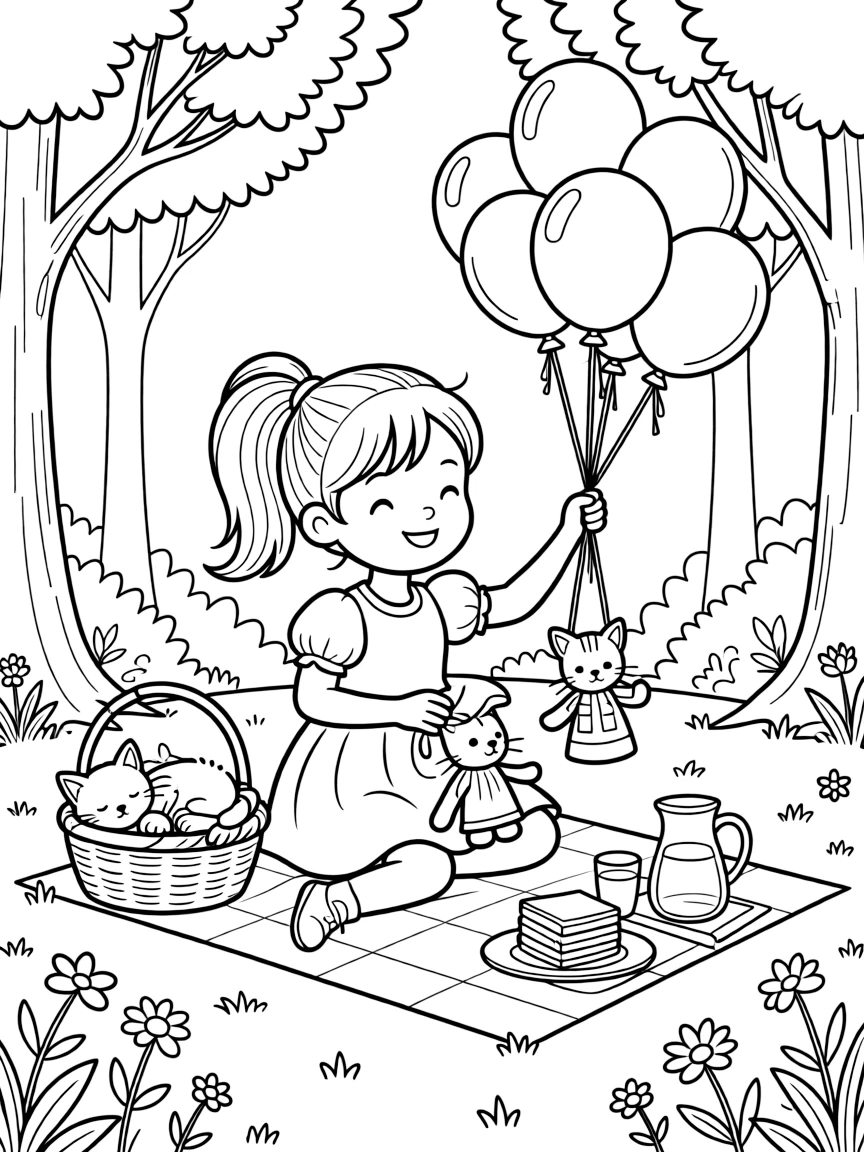 A girl puppeteer working her hand-sewn puppets is sharing a picnic of tiny sandwiches and lemonade in a quiet clearing of an enchanted forest. All around, a cluster of bouncing balloons tied with ribbon and a basket of sleepy kittens curled together add a playful, cheerful touch.