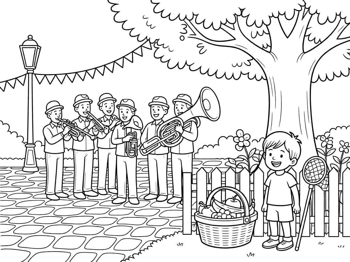 A brass band playing in a decorated plaza at a lively outdoor picnic under a shady tree, while a grinning child looks on nearby, a picnic basket packed with fruit and a butterfly net leaning on a fence completing the scene.