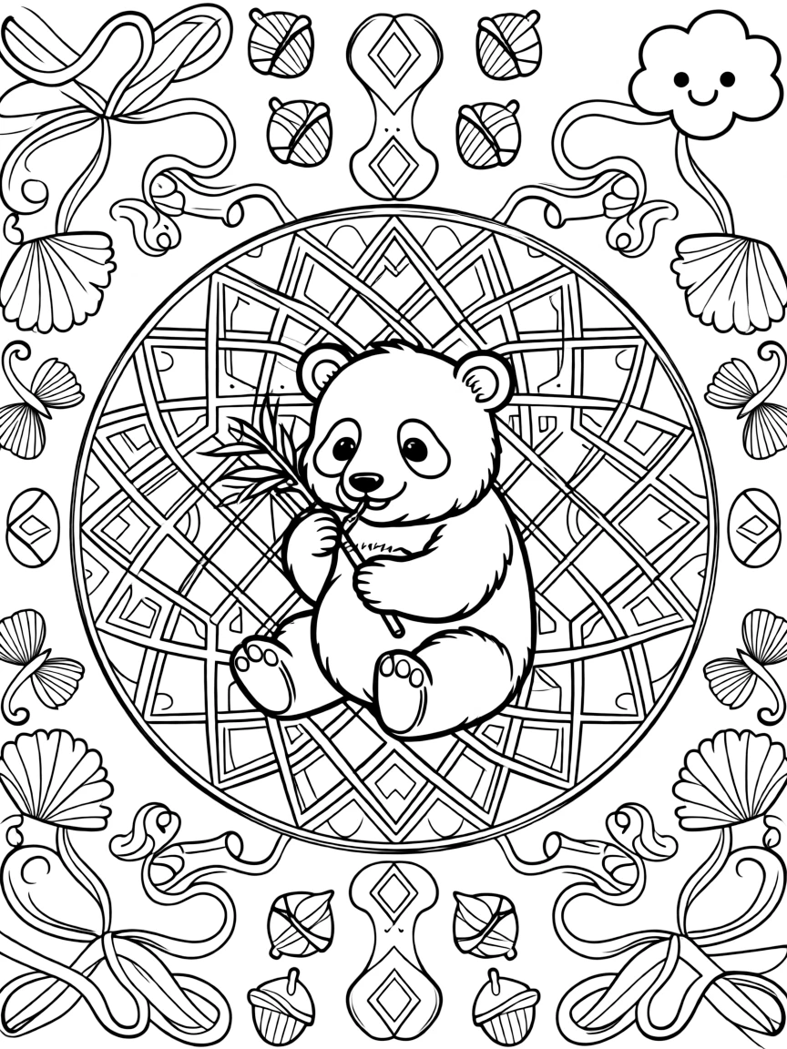 Zoo & Safari Animals: The page presents a small themed scene built around a panda munching a stalk of bamboo, tied together by a diamond lattice mandala crossing over itself in a grid. The scene is positioned in the middle of a balanced layout, with smaller matching details arranged above and below. Decorative details fill the surrounding space, including overlapping scalloped shells, loops of ribbon curling back on themselves, and clusters of tiny acorns woven throughout the background. A playful extra touch completes the page: a small round cloud with a friendly face tucked into a corner.