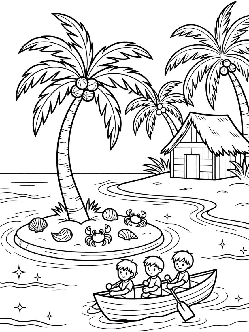 [Tropical Islands] A group of children paddle a small canoe toward a tiny island with a single curved palm tree. Hermit crabs explore a scattering of shells beneath a cluster of leaning palm trees. A small hut with a thatched roof sits beneath swaying palm trees near a quiet lagoon. Golden afternoon sun glimmers across the water near the quiet, sandy cove.