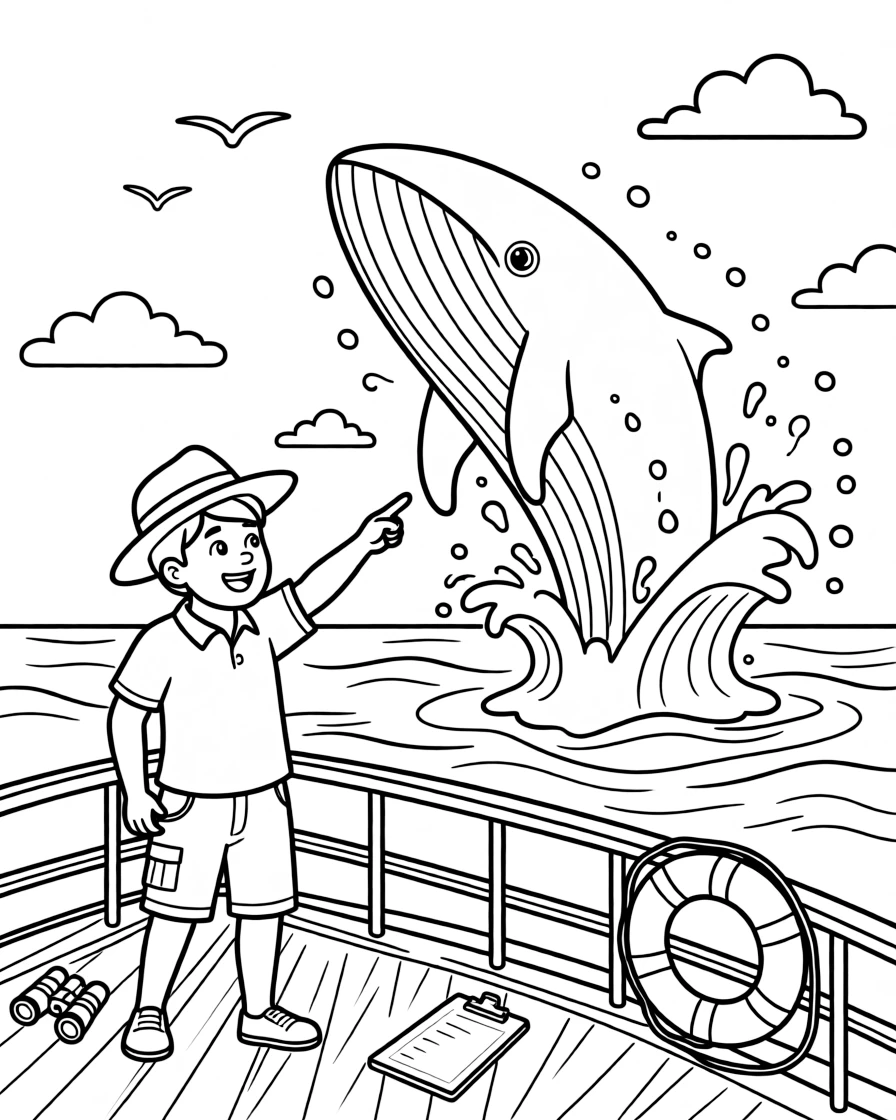 A whale researcher points at a breaching whale from the deck of a research boat.
