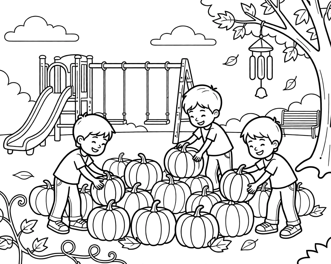 Twin brothers picking out a pumpkin from a big pile at a public playground as a wind chime tinkles softly.