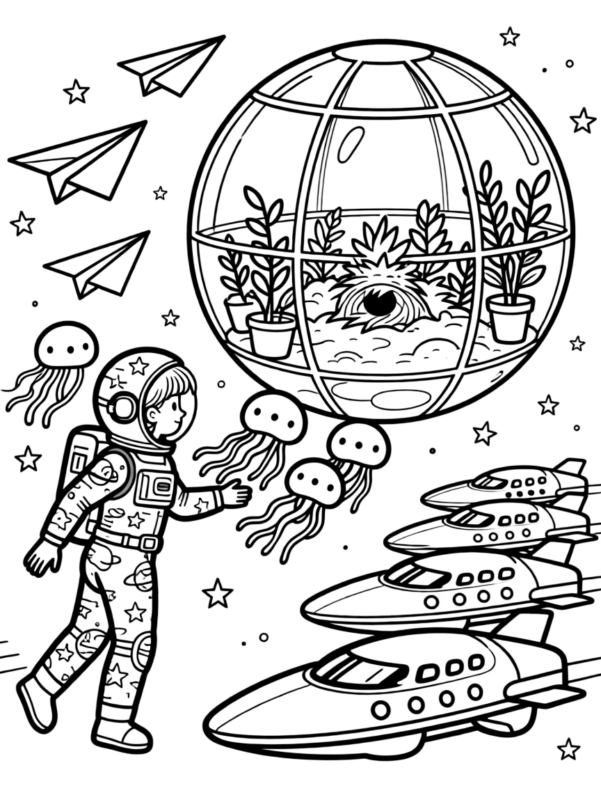 Space Ranger Halo, a young space explorer in a starry spacesuit herding a flock of floating jellyfish-like creatures back to their nest in a orbiting greenhouse station shaped like a giant glass sphere, as a fleet of paper airplanes gliding past and a row of docked spaceships gleaming in the light fill the scene.