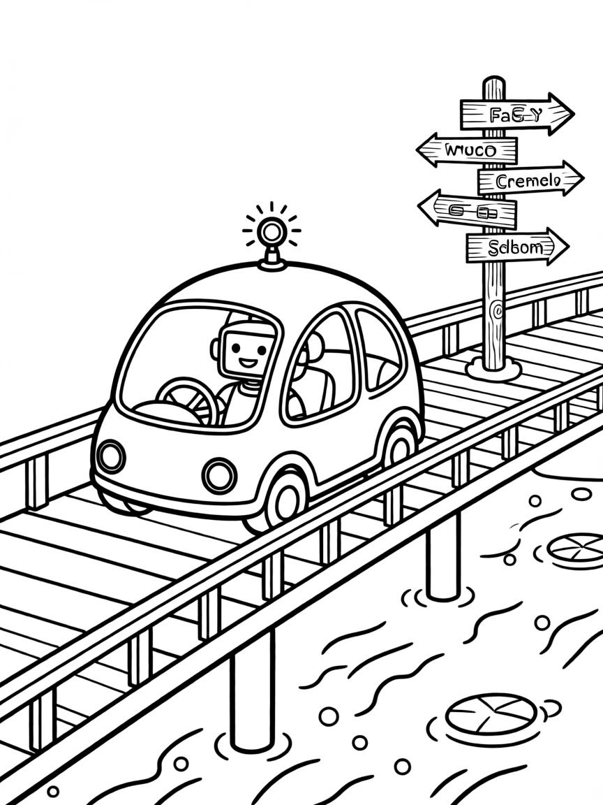 In this scene, a bubble-shaped self-driving pod car with no steering wheel is the star of a long bridge stretching over a sparkling river, joined by a smiling robot passenger with a screen for a face, with a signal light blinking cheerfully and an old wooden signpost pointing to faraway towns scattered throughout for kids to color.