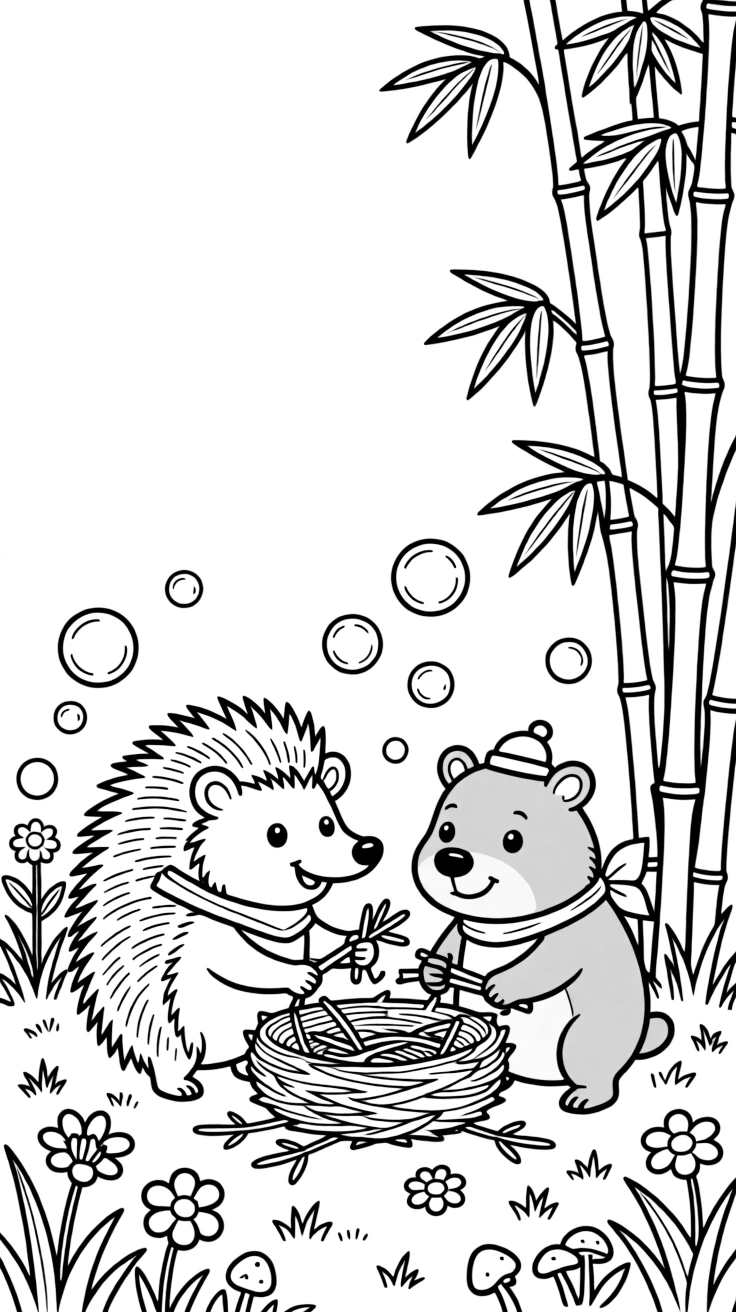 A porcupine in a sunny meadow, building a tiny nest together with a wombat, next to a tall bamboo grove, as bubbles float up into the sky.