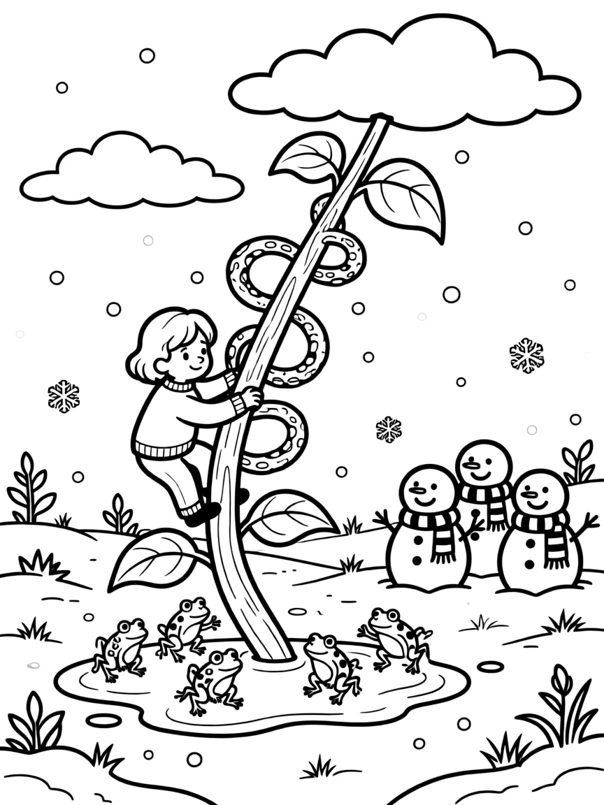 In a meadow during the first snowfall of winter, a clumsy kraken babysitter is busy climbing to the top of a beanstalk that reaches the clouds, cheered on by a puddle full of jumping frogs and a group of snowmen wearing matching scarves. Warm smiles and happy cheers fill the scene.