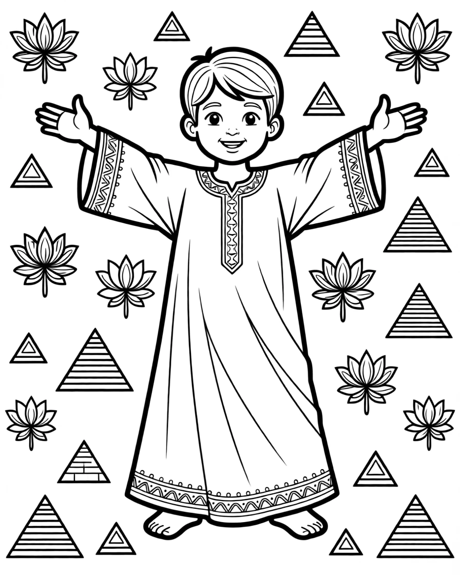 A coloring page portrait celebrating Egypt, showing a child wearing a flowing embroidered galabeya robe, standing proudly with arms outstretched and a warm smile, surrounded by simple decorative patterns.