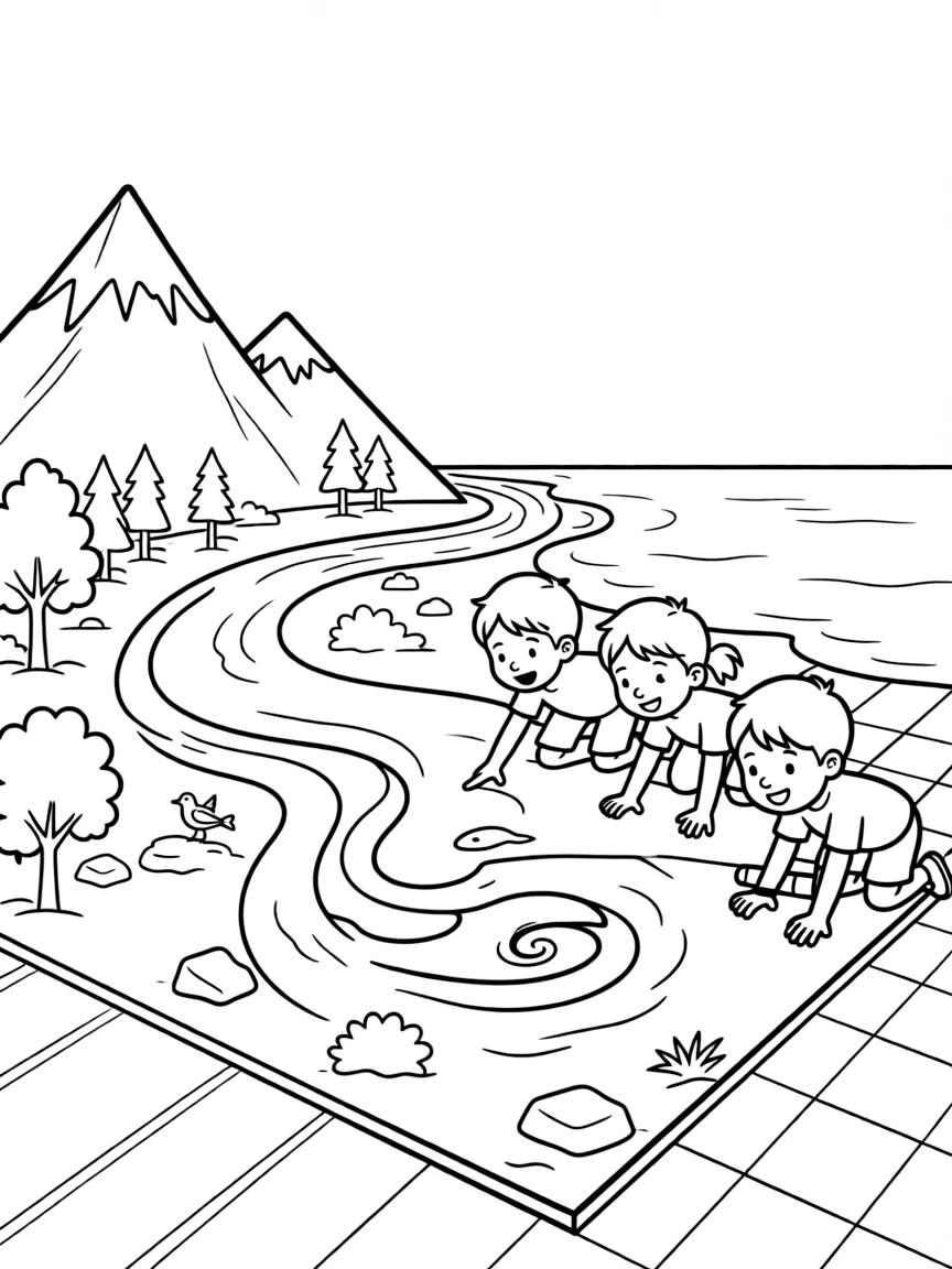 an excited group of three kids traces a river's path on a large floor map from mountain to sea.