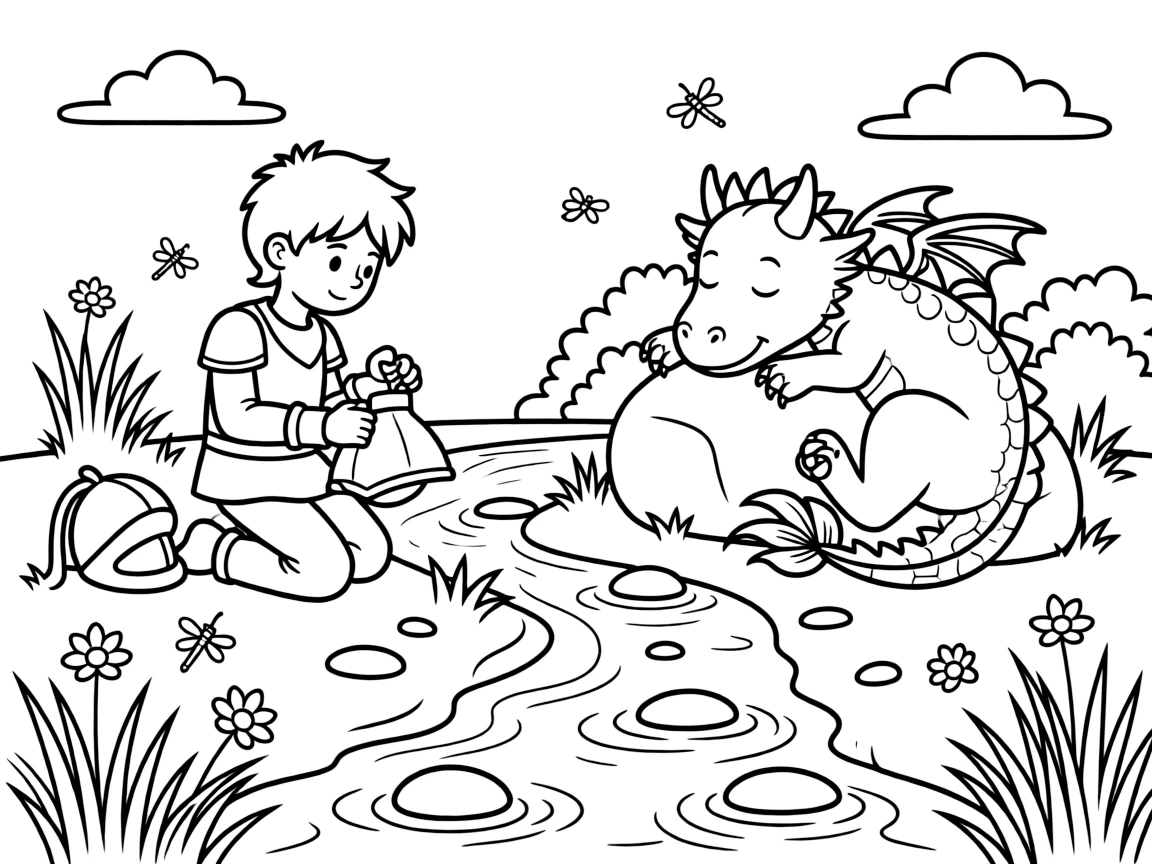 A young knight polishes his armor beside a stream while his loyal dragon companion naps curled around a nearby boulder.