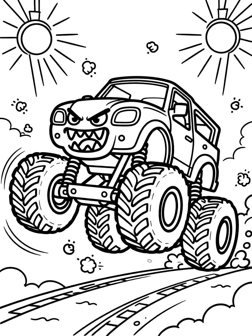 [Monster Trucks] a monster truck shaped like a snarling beast landing mid-jump with tires spinning under bright arena lights, concentrating hard with a focused expression. Nearby, dirt clods fly through the air. Bright headlights shine from the front grille. The scene is captured on a foggy morning, with dust kicked up by the wind, giving the page a lively and adventurous feel that invites plenty of colorful detail.