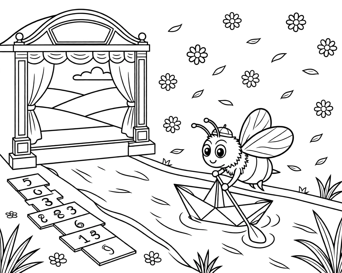 A fuzzy bumblebee is sailing a folded paper boat down a gentle stream inside a puppet theater with a painted backdrop. a hopscotch grid chalked onto the pavement and scattered flower petals drifting in the breeze fill the page with charm.