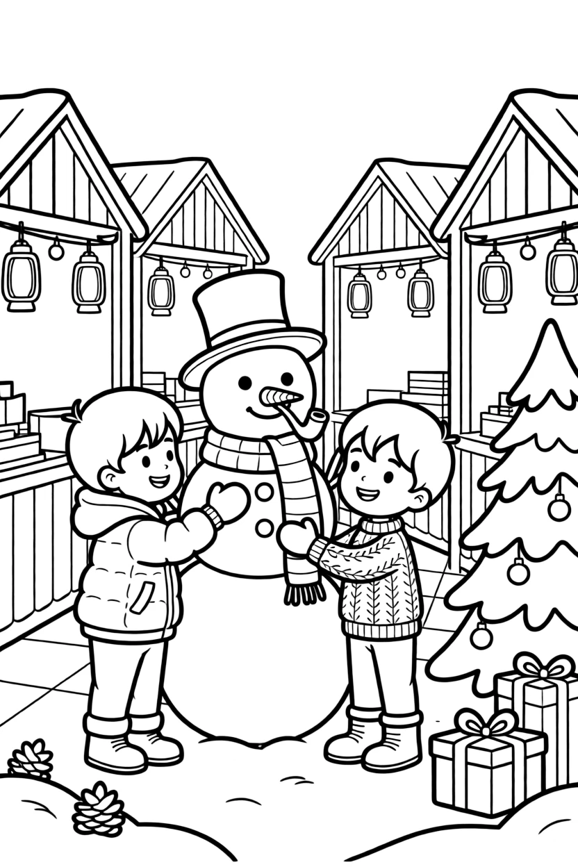 Children decorating a snowman with buttons and a pipe in a bustling indoor market glowing with warm lights, with a snow-covered pine tree and a stack of wrapped gifts nearby.