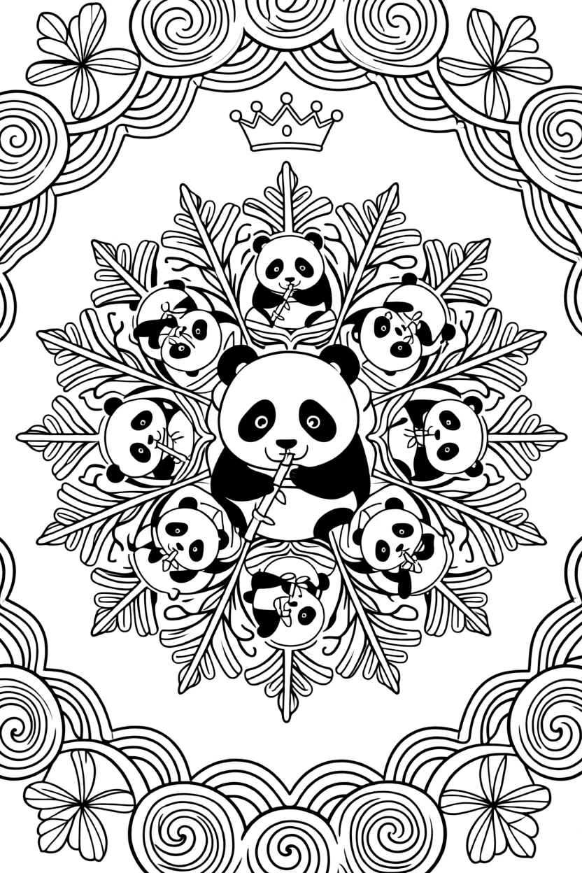 Zoo & Safari Animals: The design turns a panda munching a stalk of bamboo into a kaleidoscope-style composition anchored by a snowflake-shaped mandala with six symmetrical arms. The imagery is multiplied into a circular burst of matching pieces that rotate evenly around the page's center point. Decorative details fill the surrounding space, including rows of curling wave shapes, pinwheel blades spinning in place, and rows of gentle leaf veins branching outward woven throughout the background. A playful extra touch completes the page: a small crown resting just above the center of the design.