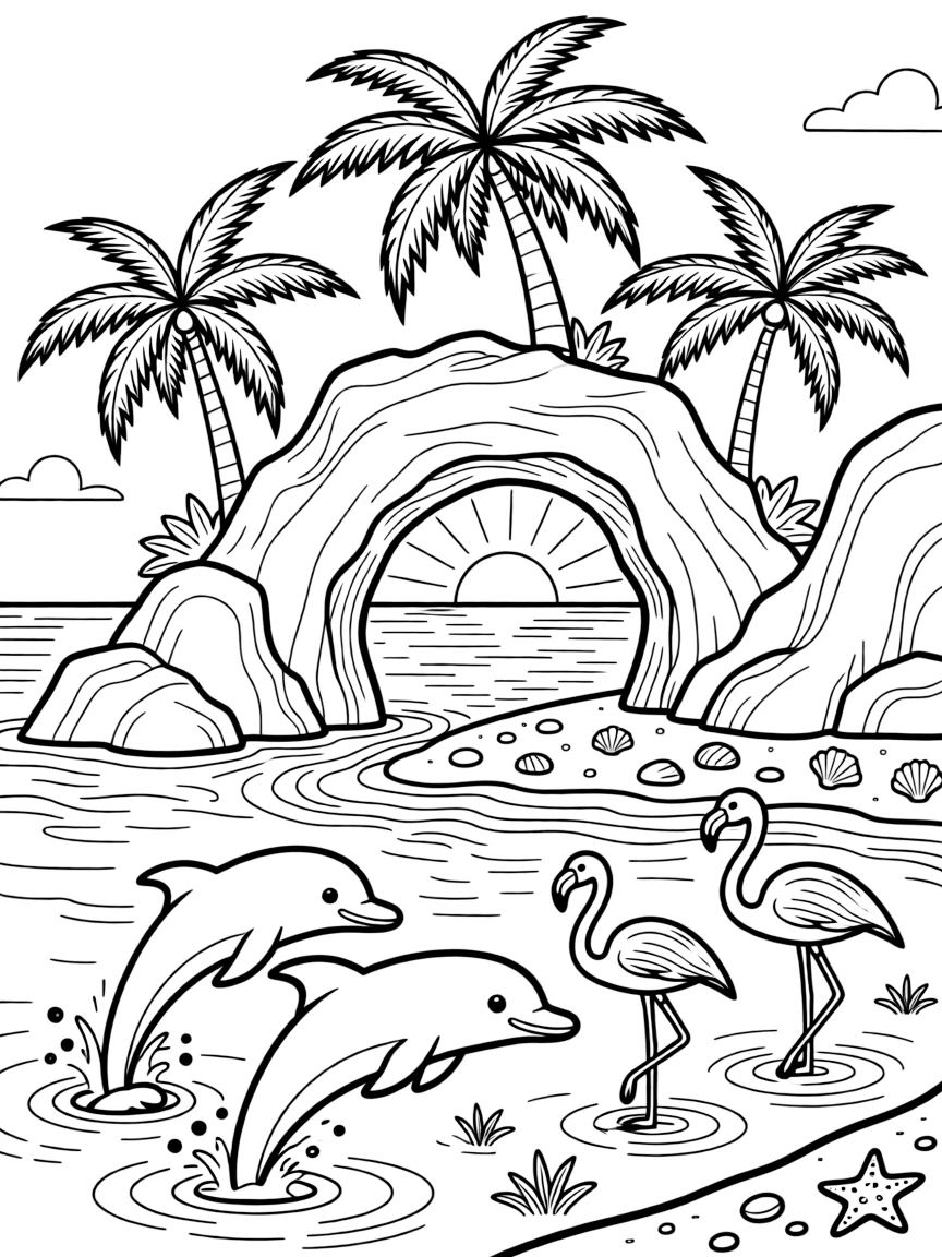 [Tropical Islands] A group of friendly dolphins leaps near a rocky island topped with swaying palm trees. A pair of flamingos wades in a shallow lagoon near the edge of the island. A rocky archway frames a hidden cove where gentle waves lap against the shore. Golden afternoon sun glimmers across the water near the quiet, sandy cove.