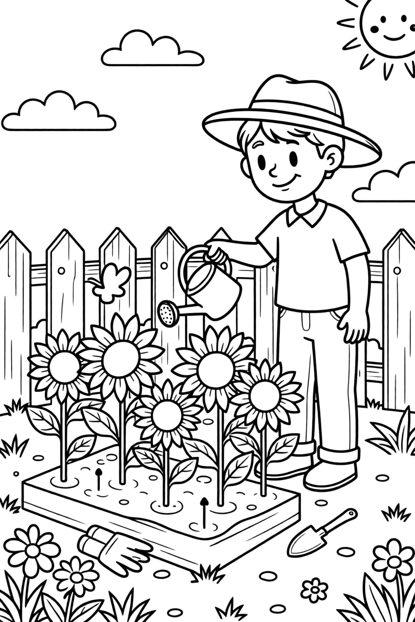 A gardener waters a row of blooming sunflowers in a community garden.