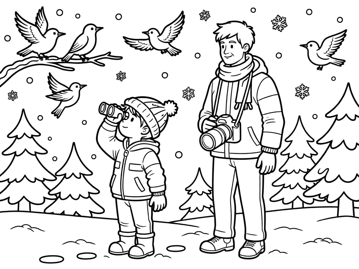 A small boy spotting birds through binoculars with a wildlife photographer while snowflakes fall softly.