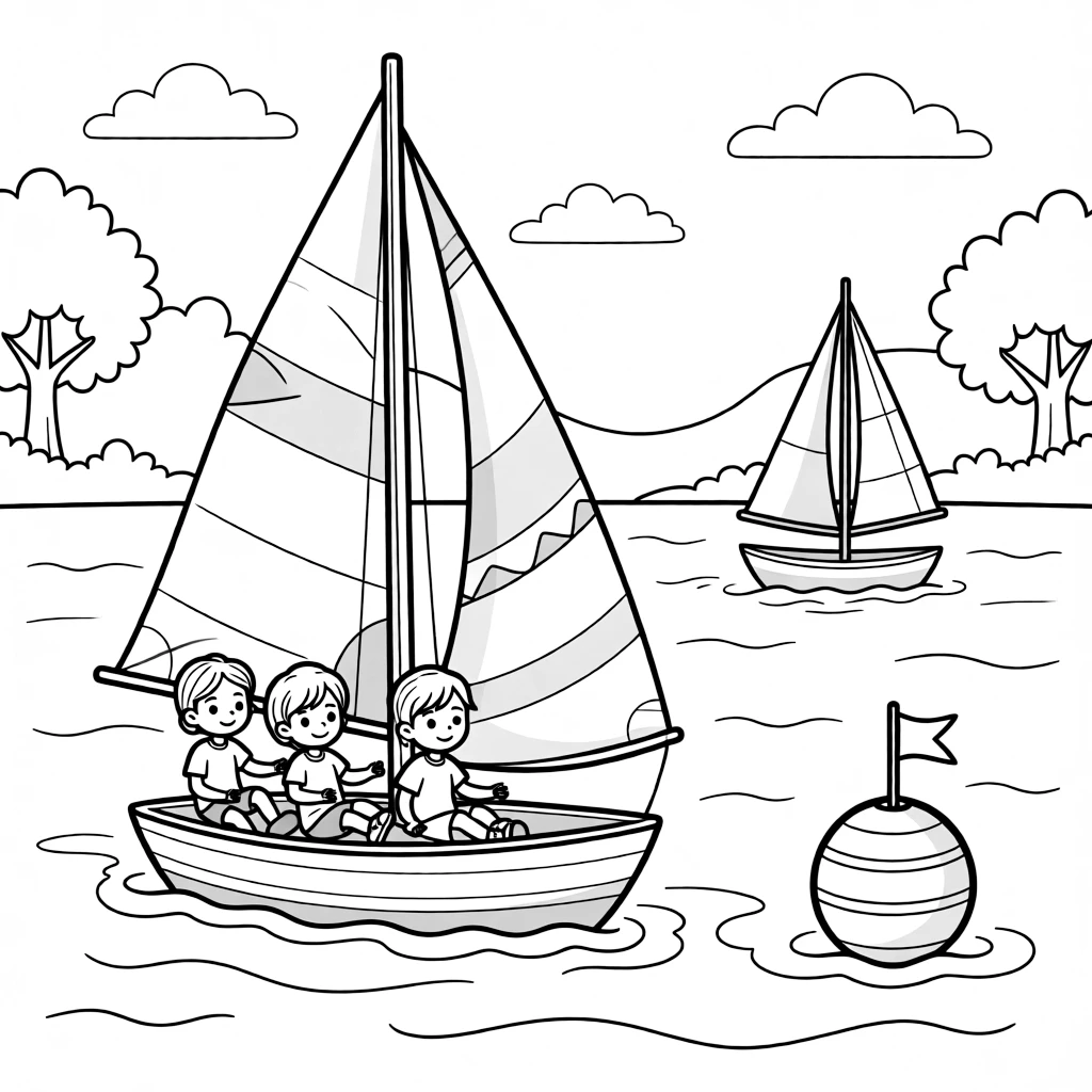 A team of neighborhood kids, racing another sailboat around a buoy marking the course on the lake.