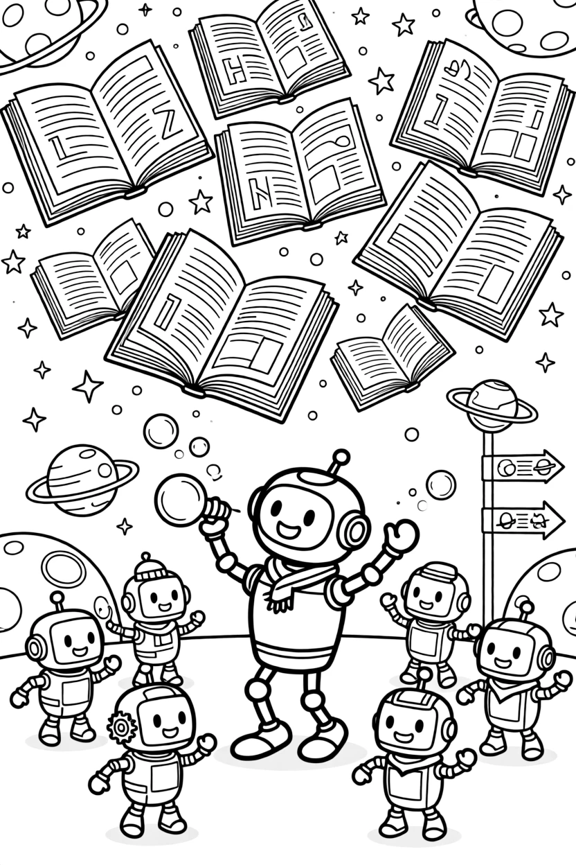 In a floating library filled with holographic books, Wrenchy, a bubble-blowing robot practicing a new dance with a troupe of dancing robots, while a floating signpost pointing to distant planets adds to the excitement.