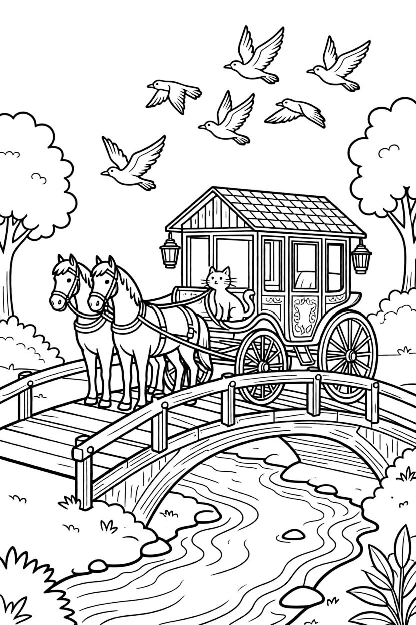 The scene captures a horse-drawn carriage with lantern lamps on each side in the middle of a rustic covered bridge crossing a babbling creek, with a curious cat perched on the hood nearby and a flock of birds flying alongside in formation sprinkled around for extra fun.