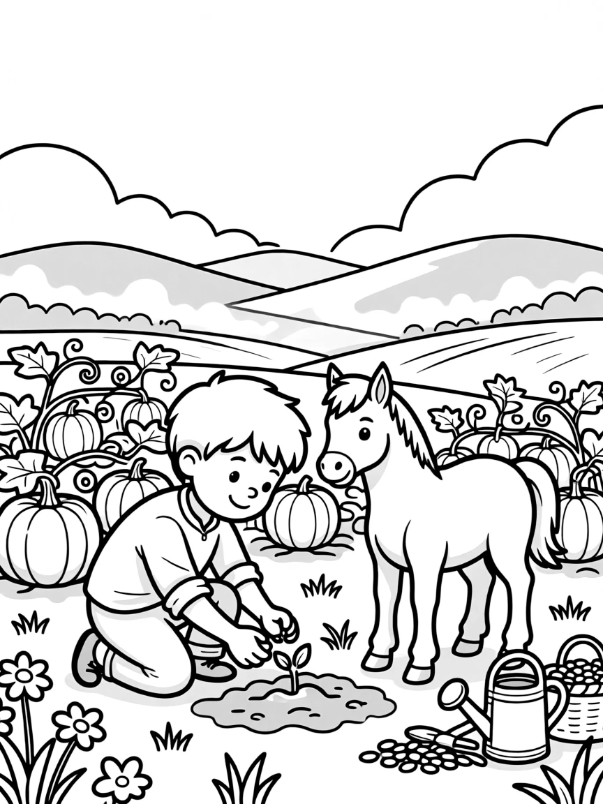A chick on a farm at sunrise, planting seeds together with a foal, next to a pumpkin patch, while morning fog rolls over the hills.
